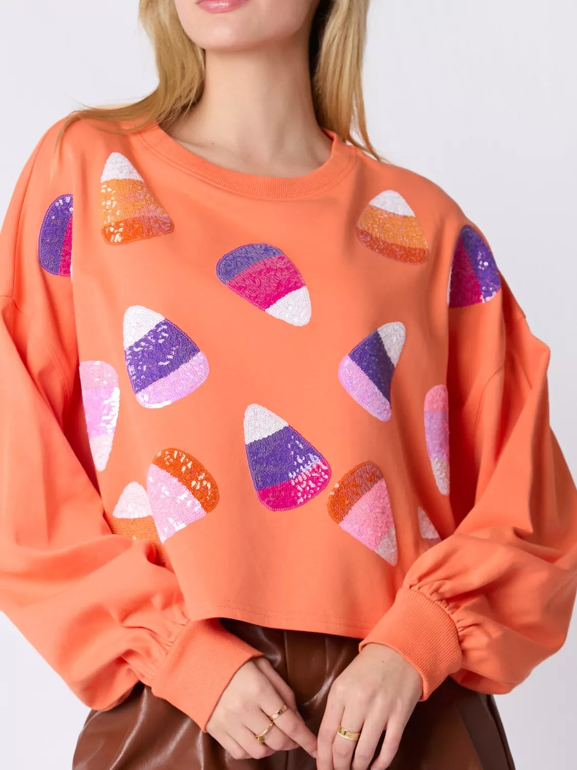 Orange Candy Corn Sparkle Sweatshirt with sequin candy corn design, oversized fall sweater.