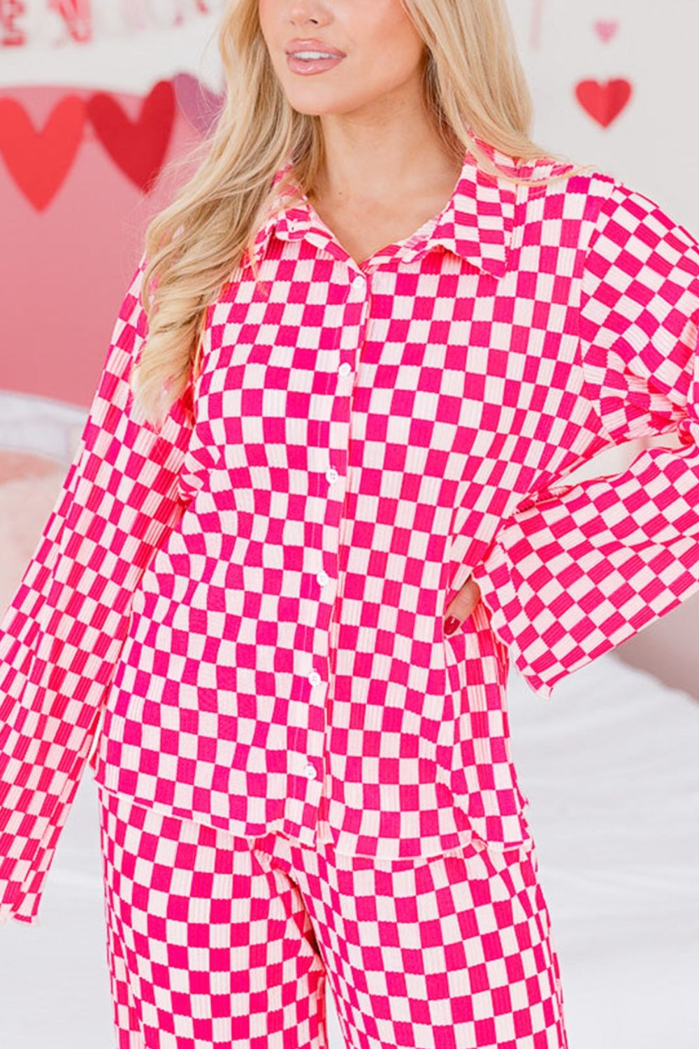 Pink and white checkered two piece lounge set with button down top and wide leg pants