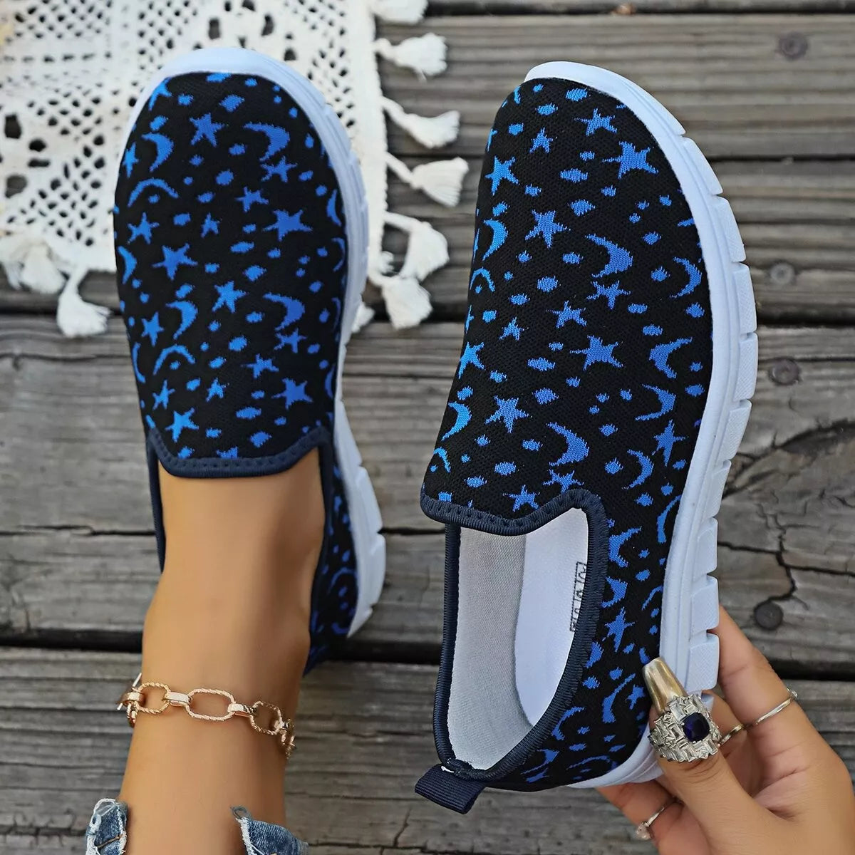 Celestial Comfort Slip-Ons – round toe platform sneakers in blue with breathable mesh design.