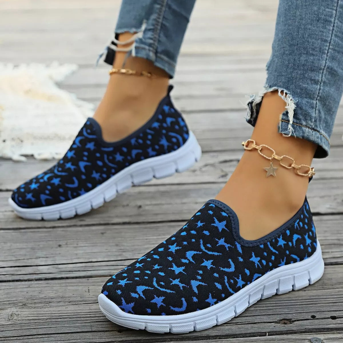 Celestial Comfort Slip-Ons – round toe platform sneakers in blue with breathable mesh design.