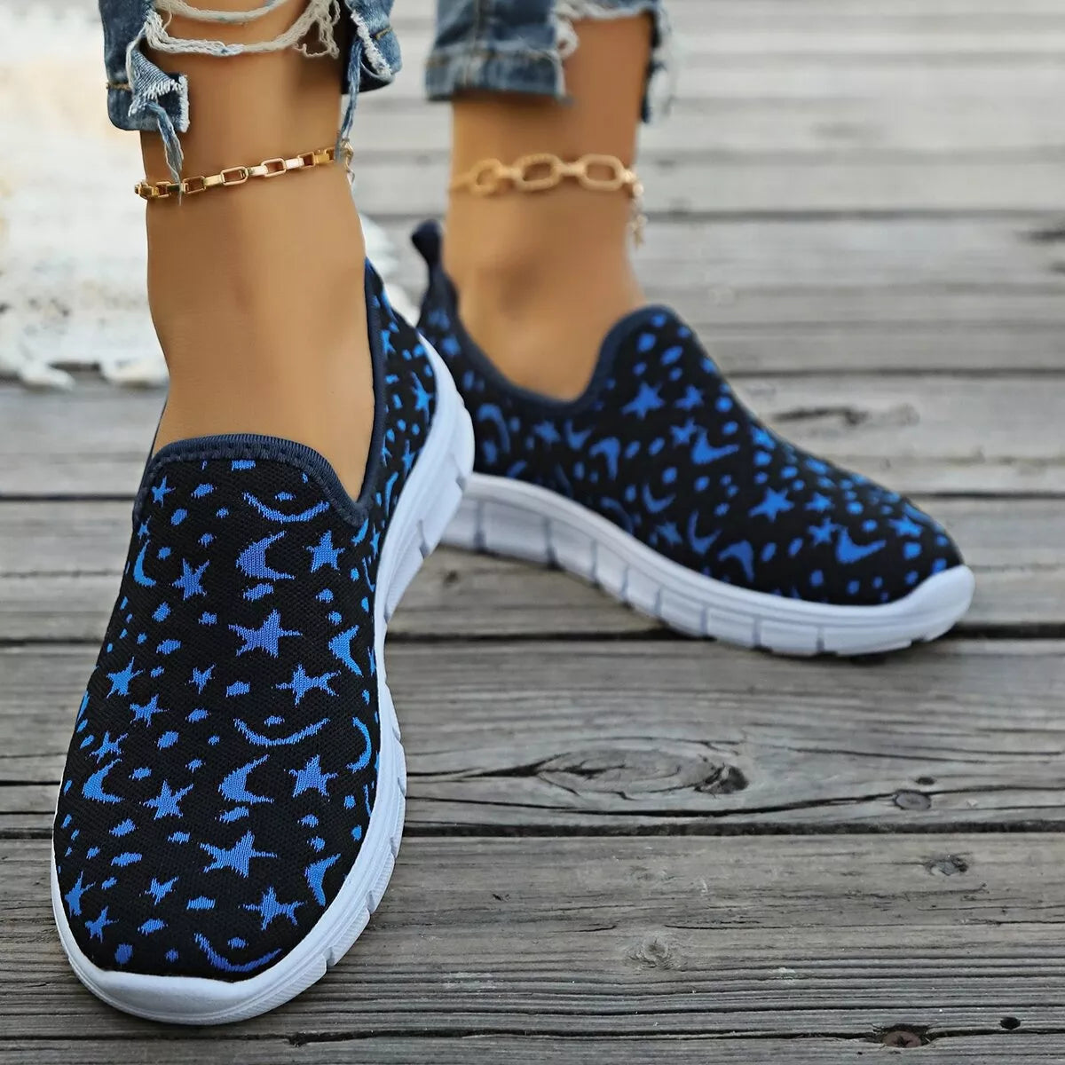 Celestial Comfort Slip-Ons – round toe platform sneakers in blue with breathable mesh design.