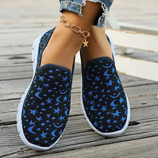 Celestial Comfort Slip-Ons – round toe platform sneakers in blue with breathable mesh design.