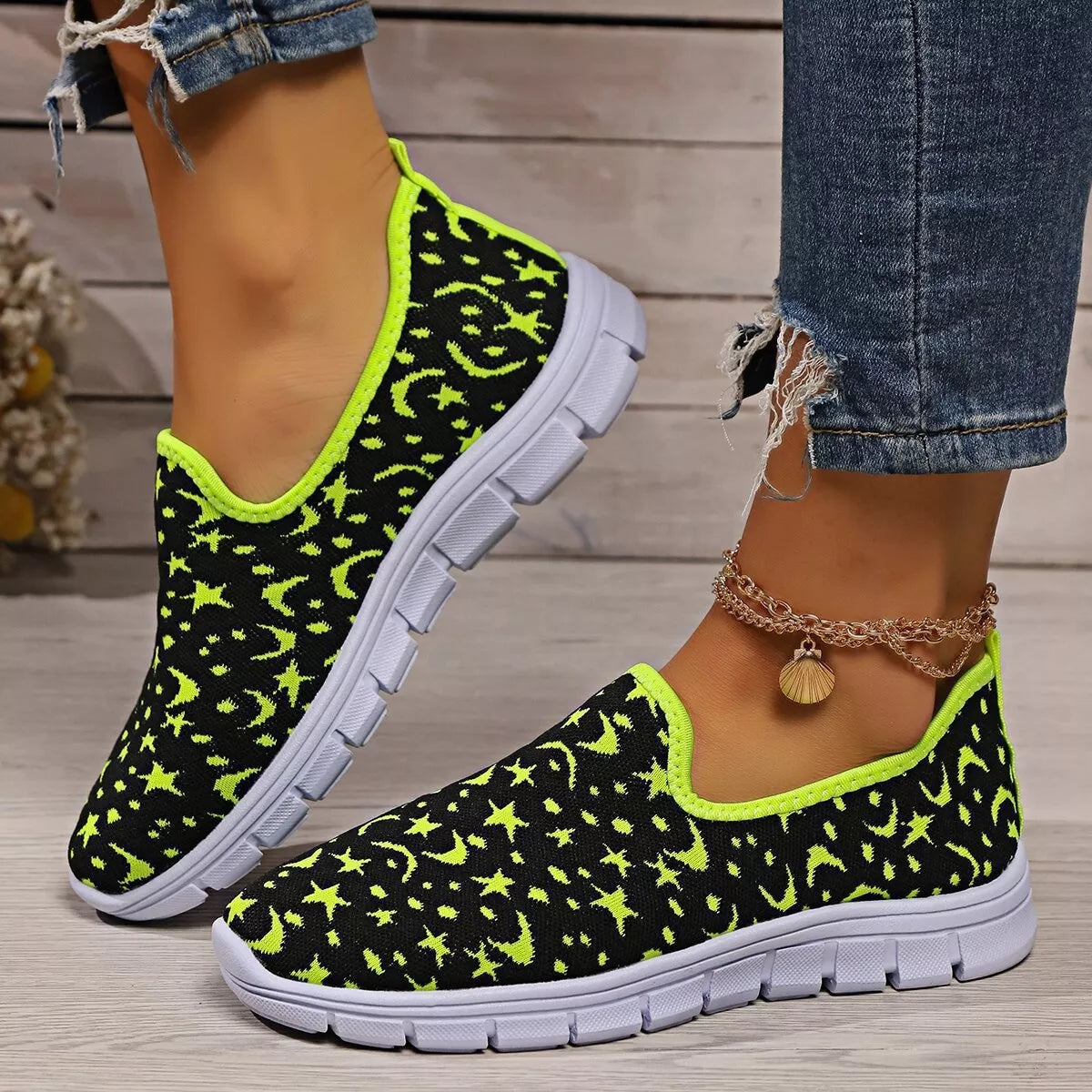 Comfort Slip-Ons – round toe platform sneakers in fluorescent yellow with slip-on style.