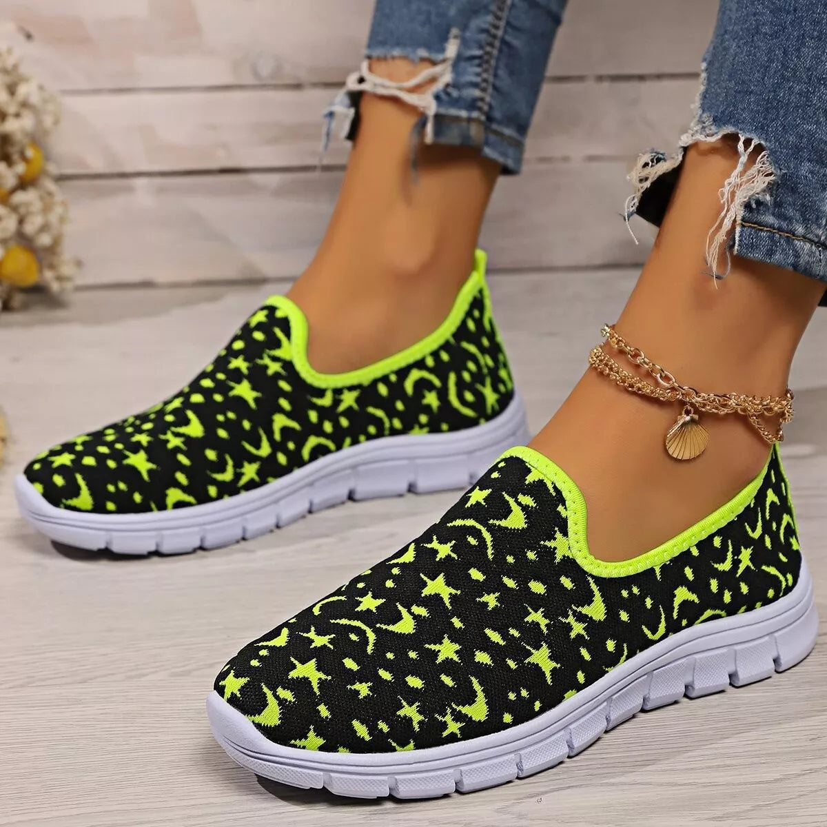 Comfort Slip-Ons – round toe platform sneakers in fluorescent yellow with slip-on style.