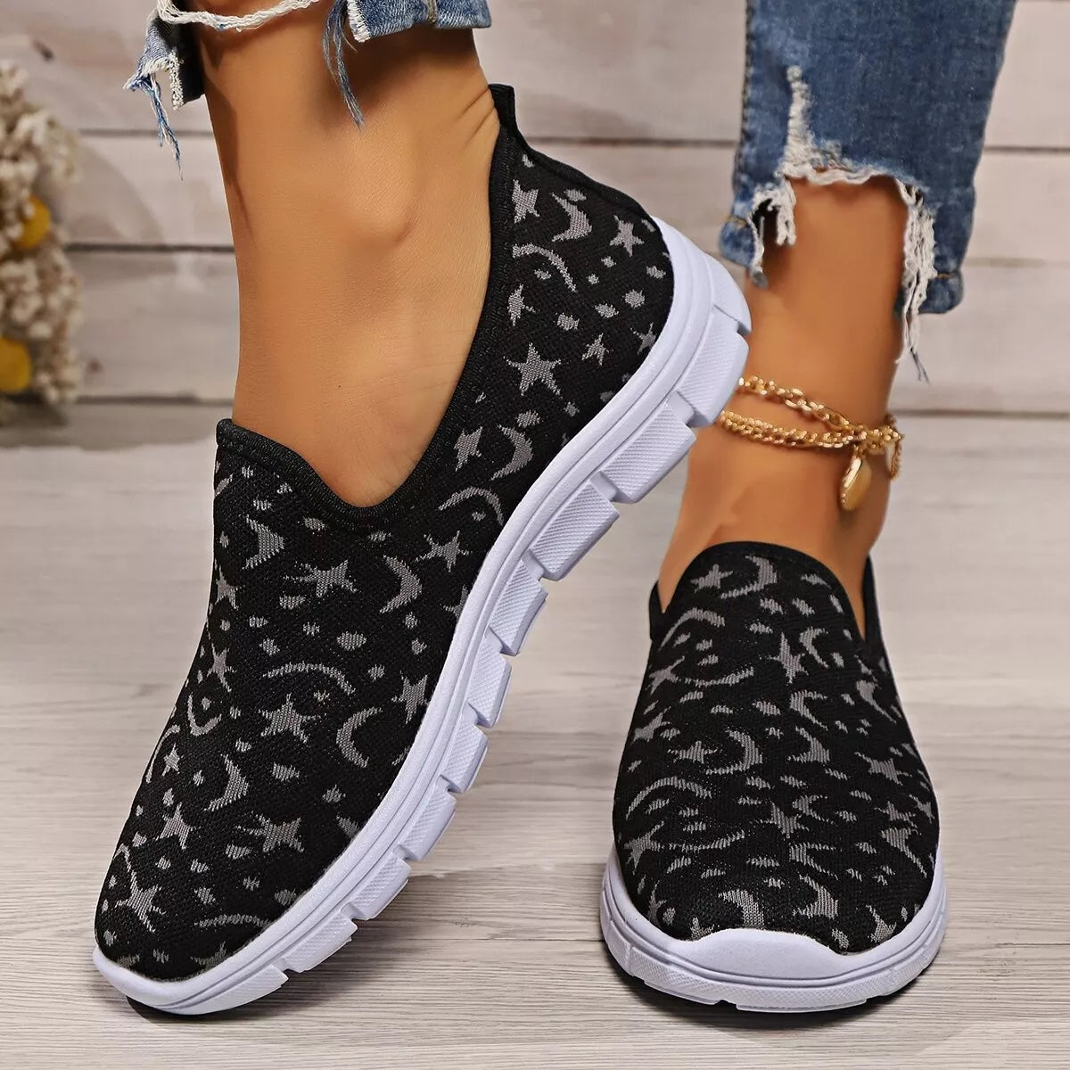 Celestial Comfort Slip-Ons – round toe platform sneakers in grey with mesh and PU leather accents.
