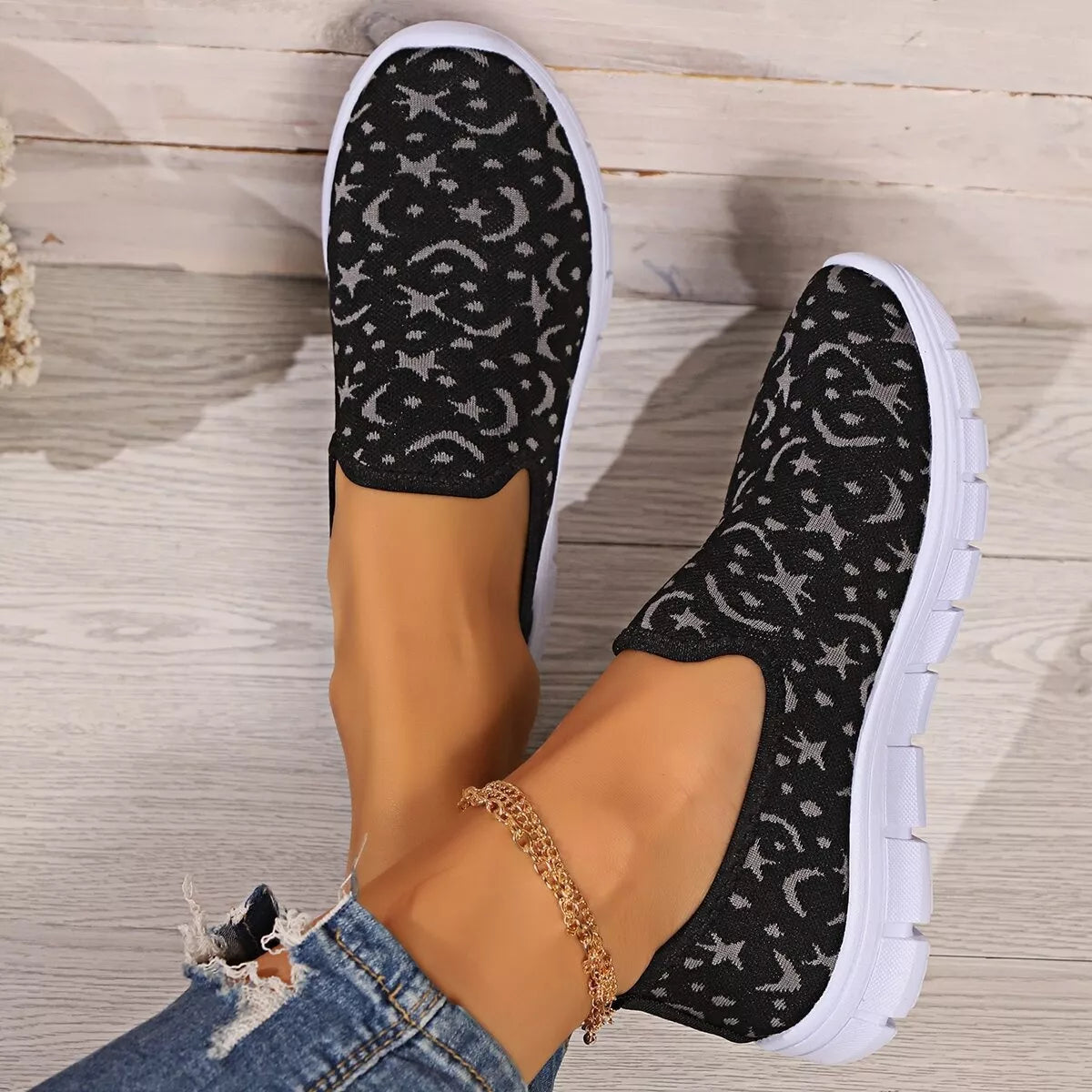 Celestial Comfort Slip-Ons – round toe platform sneakers in grey with mesh and PU leather accents.
