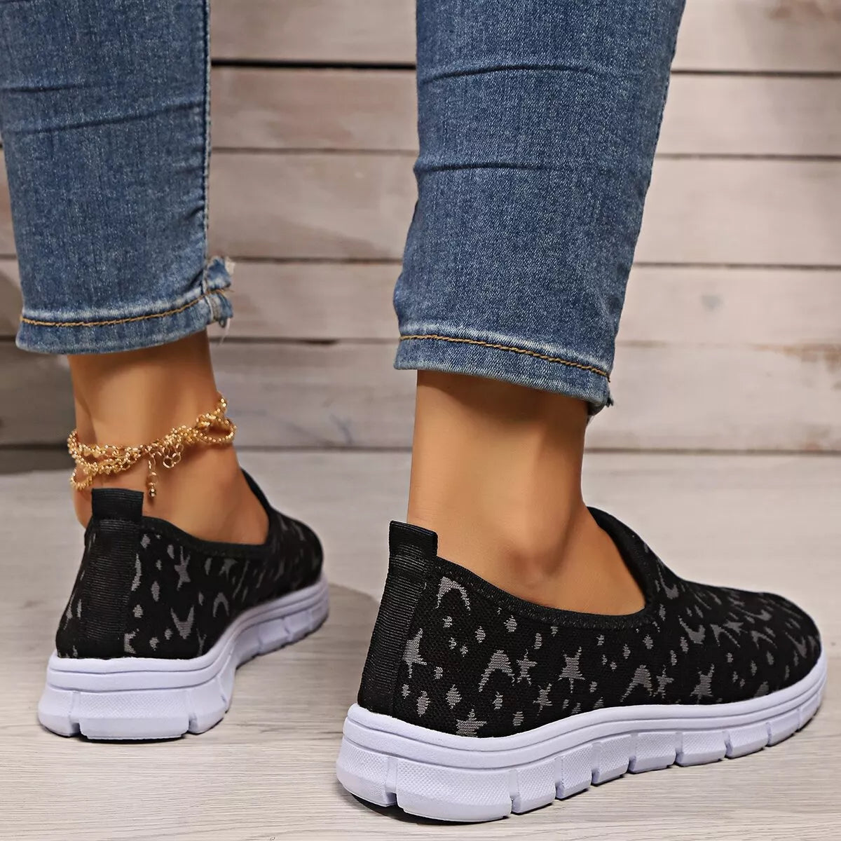 Celestial Comfort Slip-Ons – round toe platform sneakers in grey with mesh and PU leather accents.