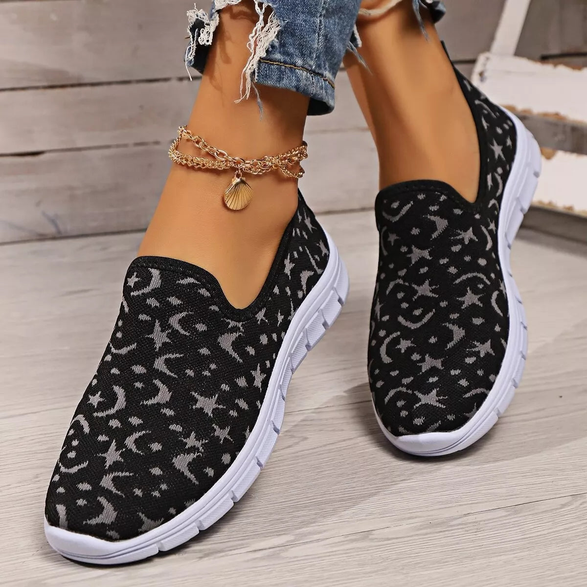 Celestial Comfort Slip-Ons – round toe platform sneakers in grey with mesh and PU leather accents.