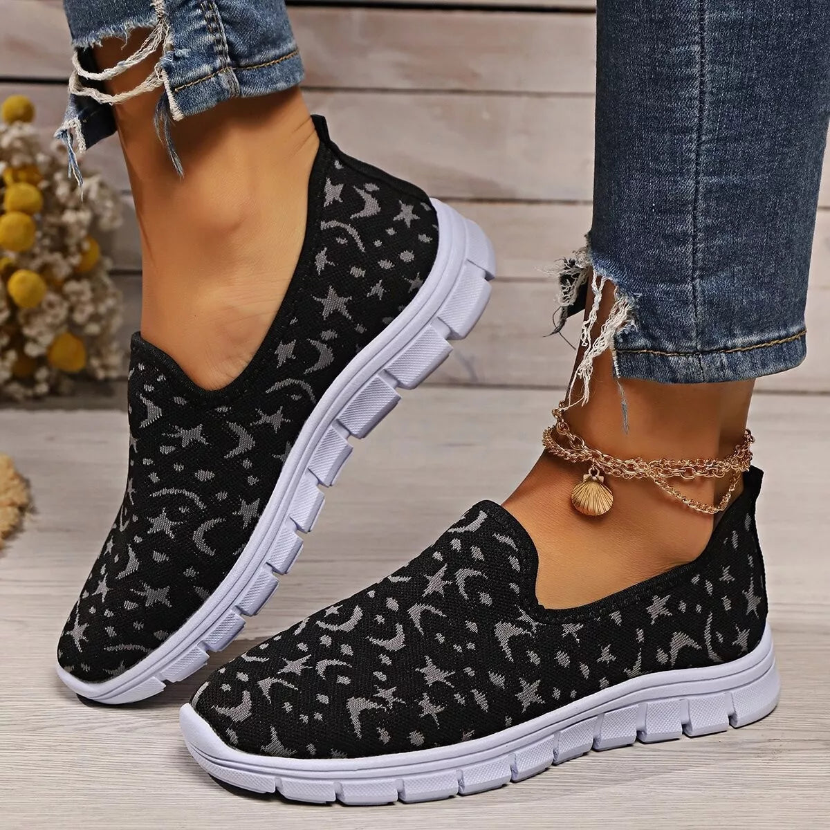 Celestial Comfort Slip-Ons – round toe platform sneakers in grey with mesh and PU leather accents.