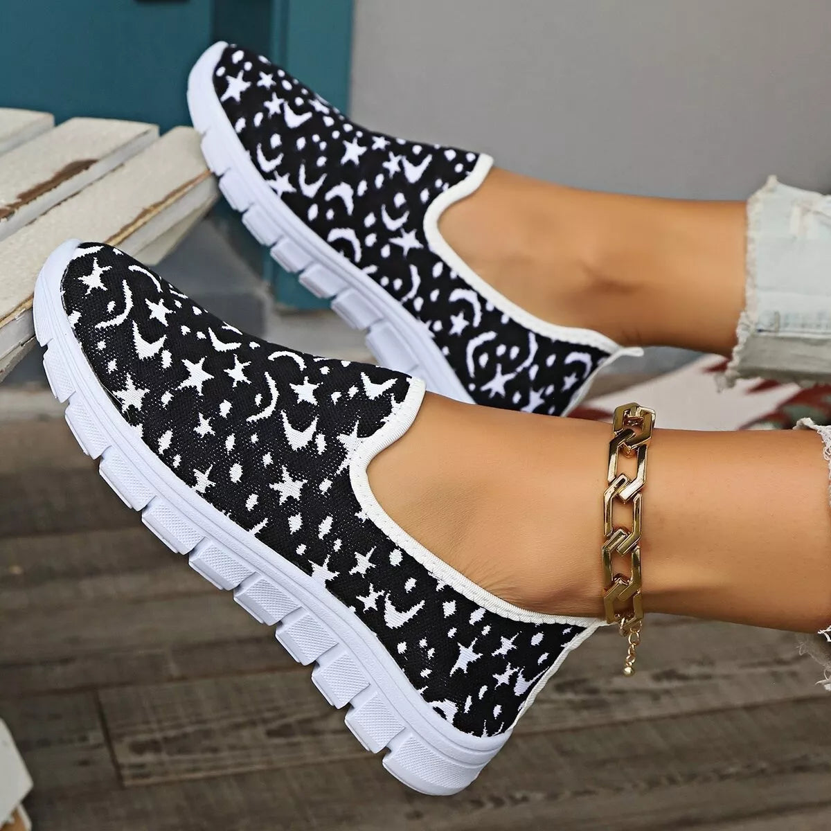 Celestial Comfort Slip-Ons – round toe platform sneakers in white with cushioned sole.