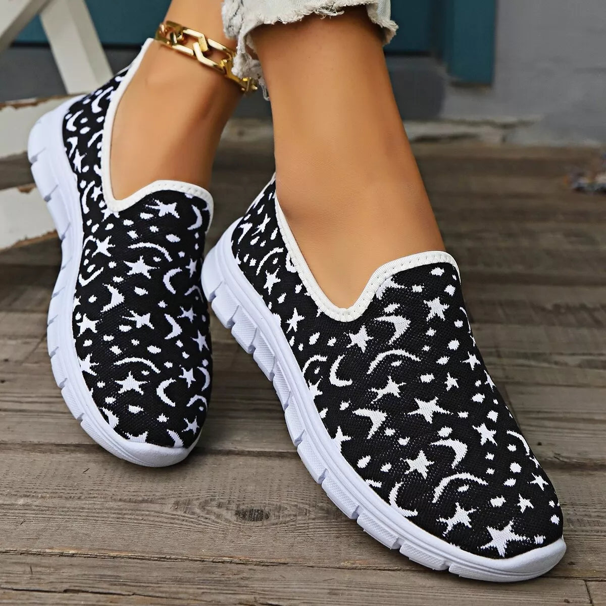 Celestial Comfort Slip-Ons – round toe platform sneakers in white with cushioned sole.