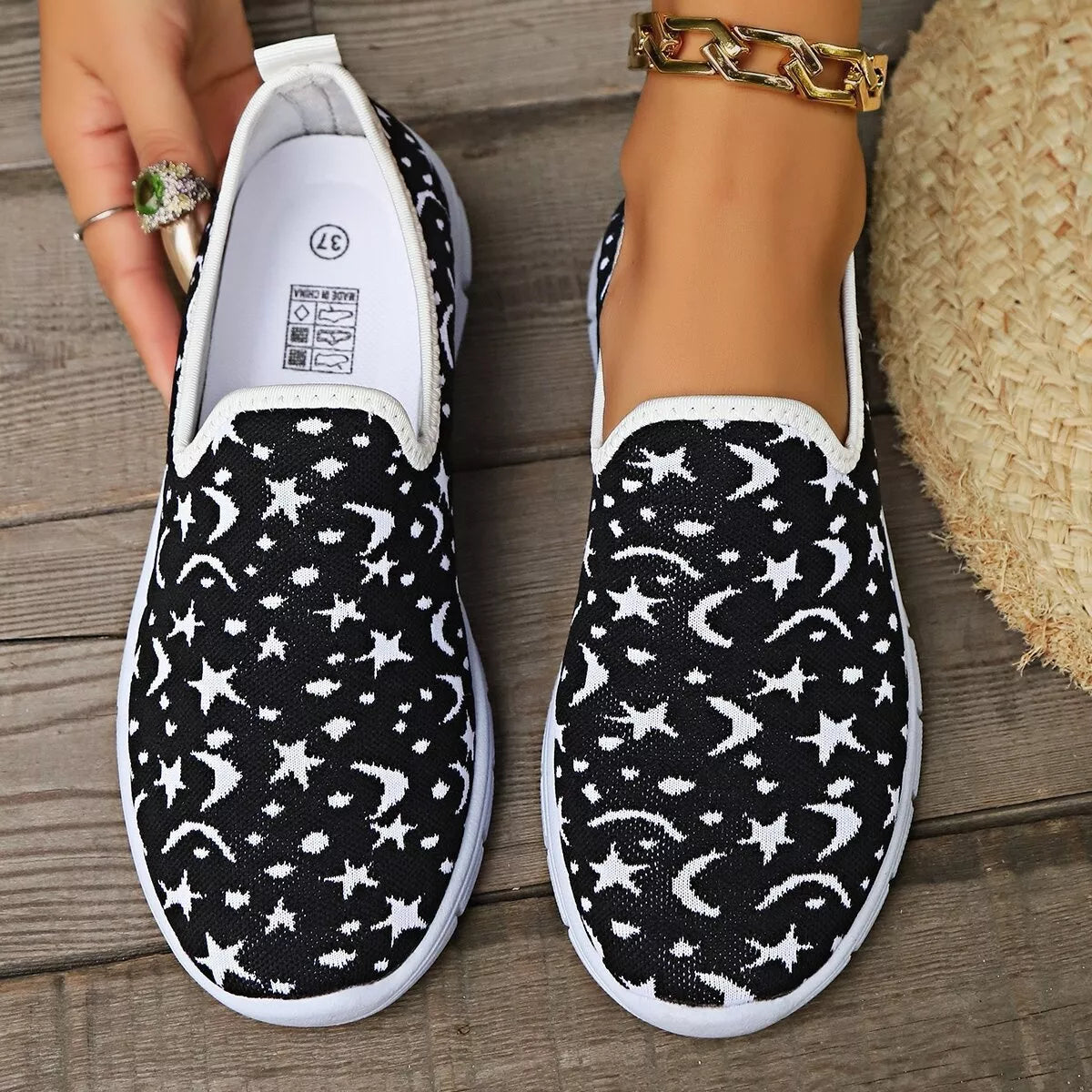 Celestial Comfort Slip-Ons – round toe platform sneakers in white with cushioned sole.