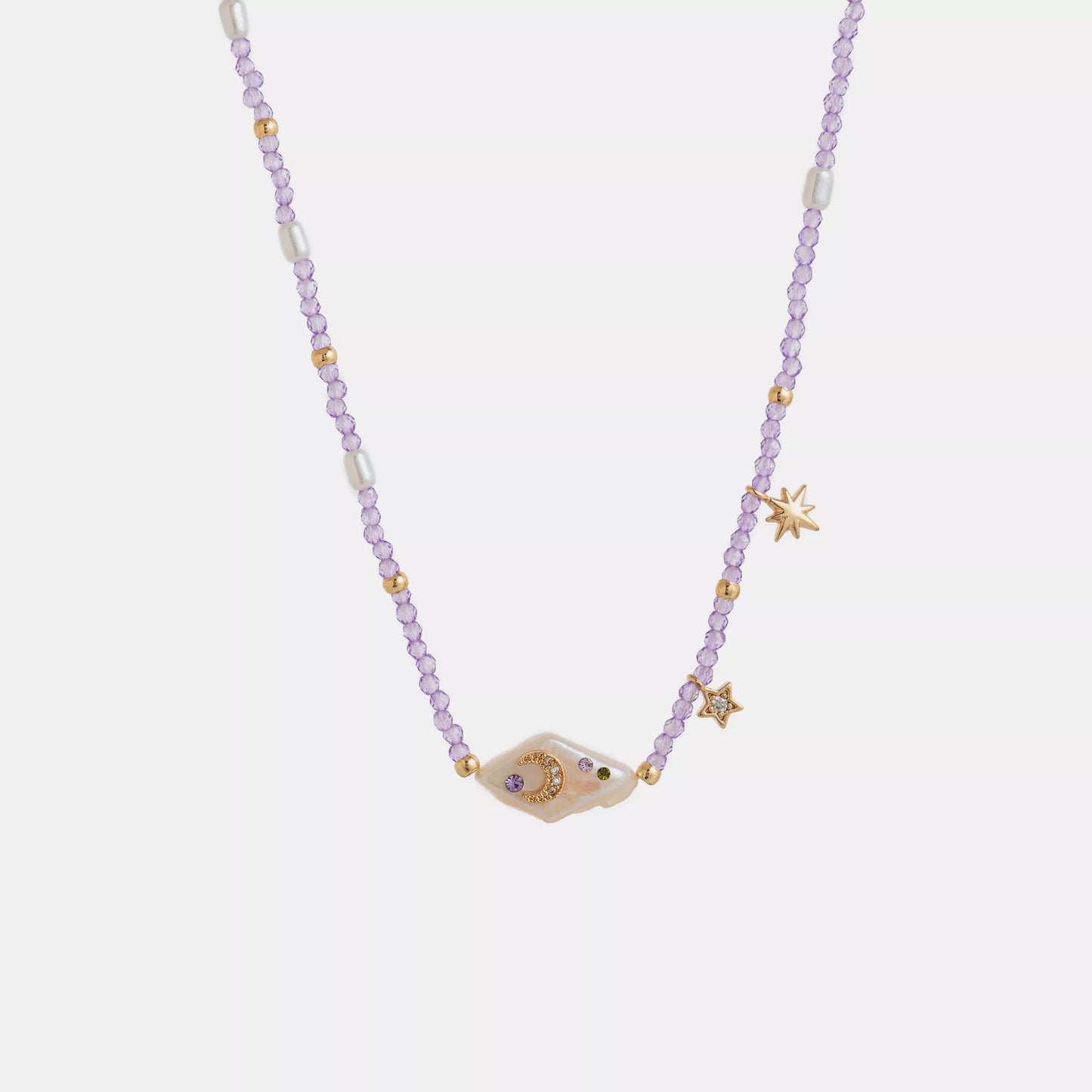 Celestial Harmony Pearl Necklace – freshwater pearl and purple beaded necklace with gold-plated star and moon charms.