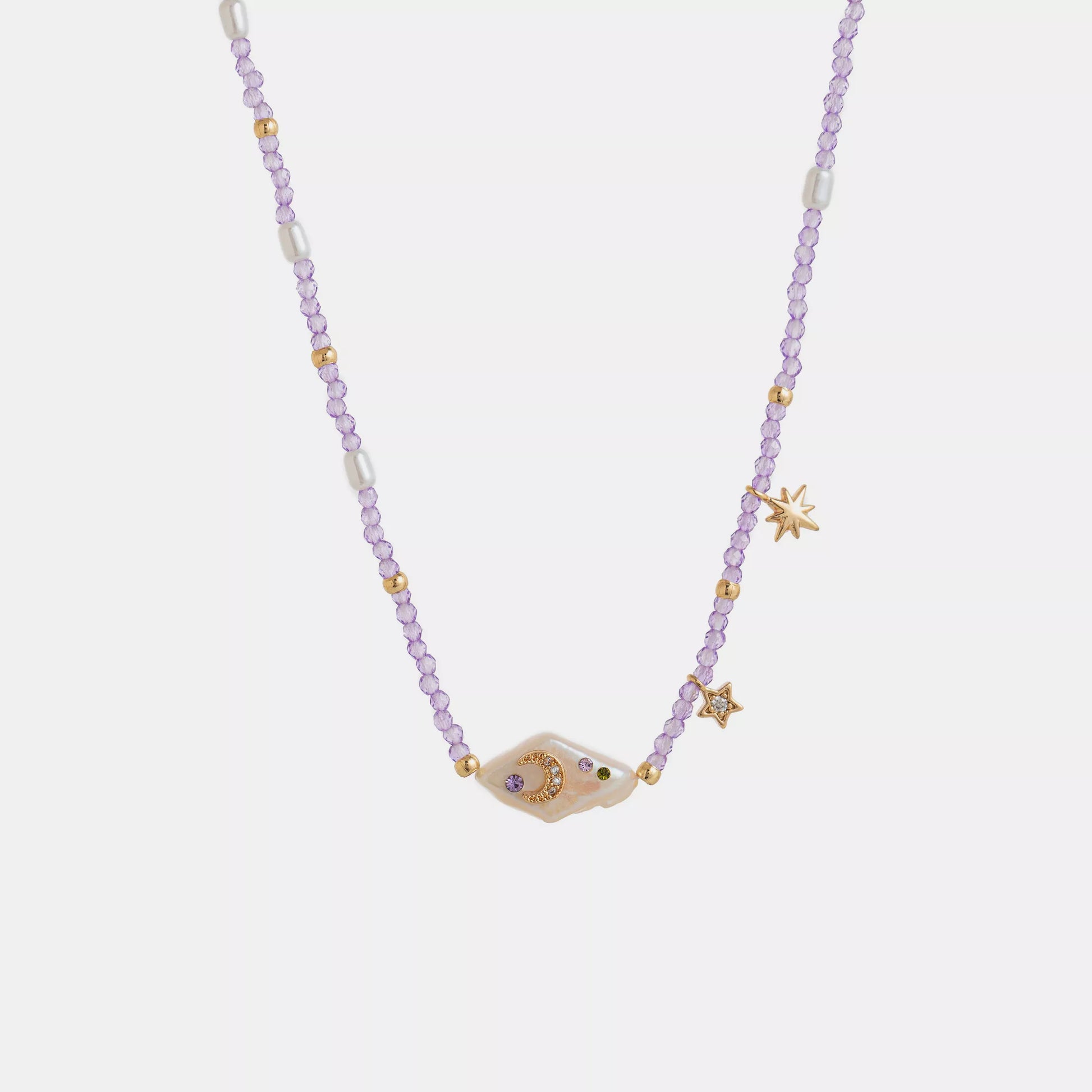 Celestial Harmony Pearl Necklace – freshwater pearl and purple beaded necklace with gold-plated star and moon charms.