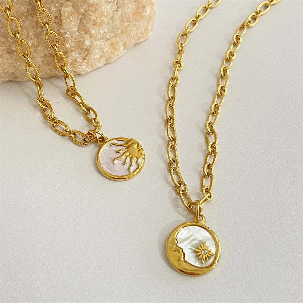 Sun and moon pendant necklace in 18K gold-plated titanium steel with white mother-of-pearl – Celestial Harmony style from A Whimsical Affair.