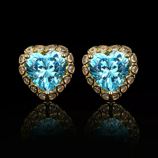 Heart-shaped blue zircon earrings with gold-plated setting and halo stones