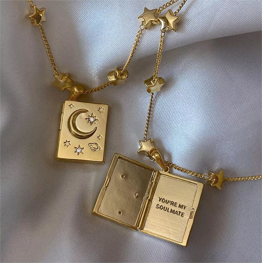 18K gold-plated star and moon locket necklace with zircon details and “You’re My Soulmate” engraving inside.
