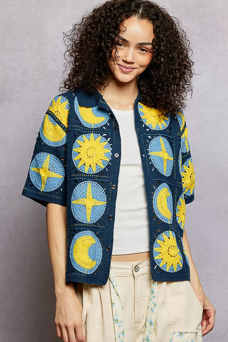 Crochet button-down shirt with star and moon pattern in blue and yellow