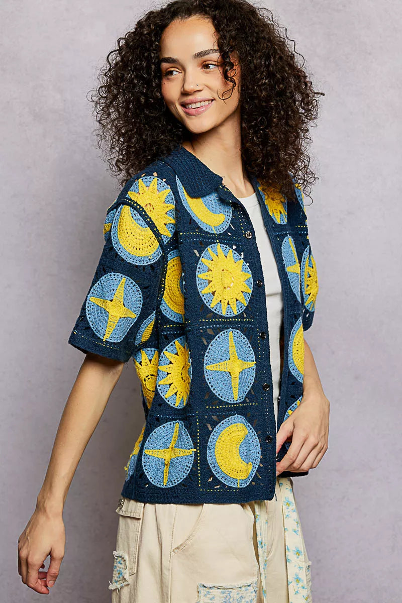 Crochet button-down shirt with star and moon pattern in blue and yellow