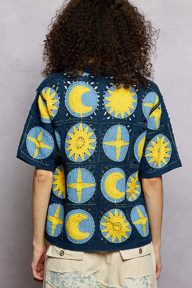 Crochet button-down shirt with star and moon pattern in blue and yellow