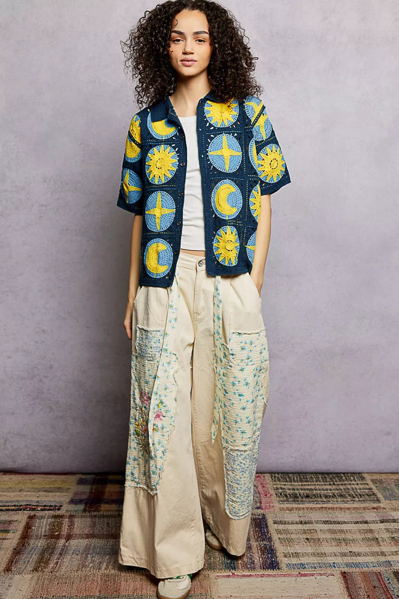 Crochet button-down shirt with star and moon pattern in blue and yellow