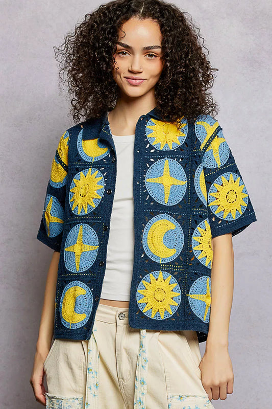 Crochet button-down shirt with star and moon pattern in blue and yellow