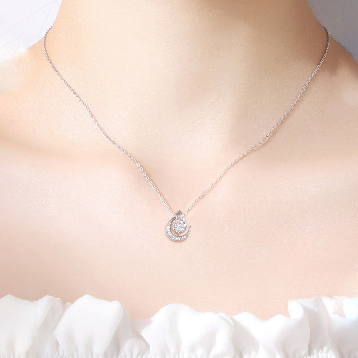 Sterling silver moon and star pendant necklace with zircon center stone