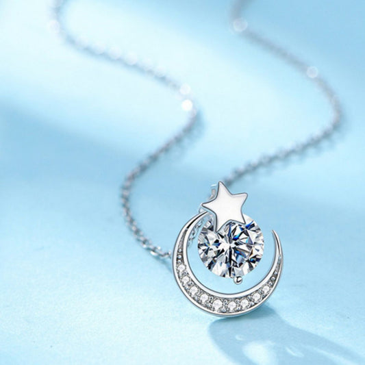 Sterling silver moon and star pendant necklace with zircon center stone