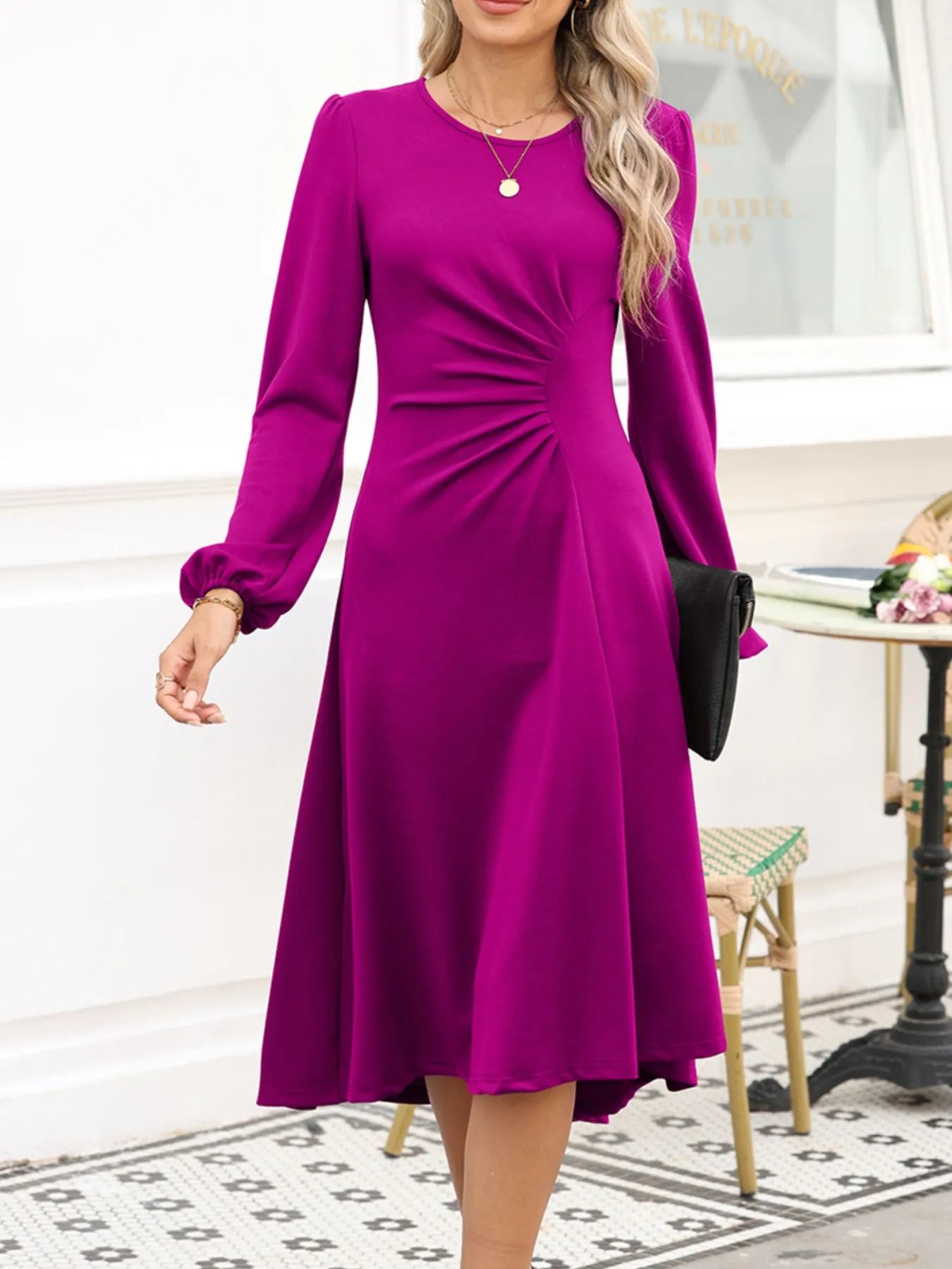 Long sleeve ruched midi dress in coffee brown, cerise, and deep red – Velvet Roast style from A Whimsical Affair.