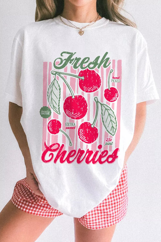 oversized white graphic tee with retro cherry print and pink striped design for a playful summer aesthetic
