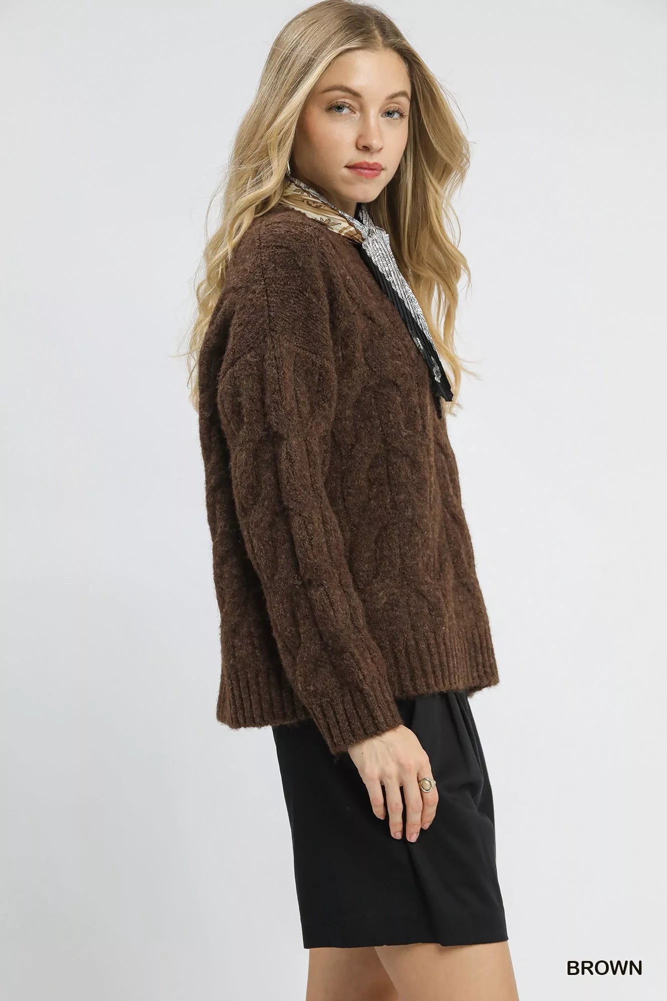 Chestnut Haven Sweater in rich brown cable-knit design with long sleeves