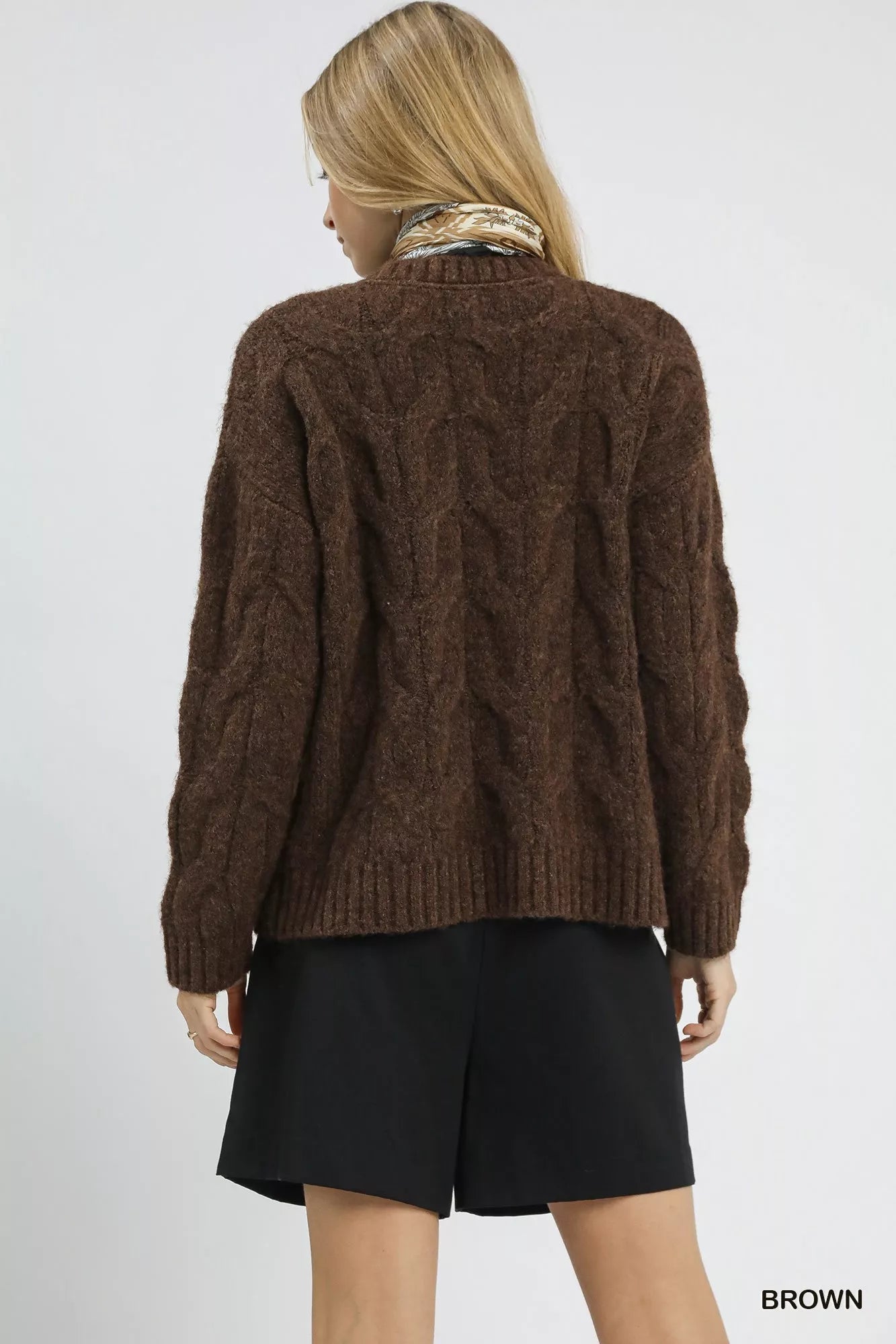 Chestnut Haven Sweater in rich brown cable-knit design with long sleeves