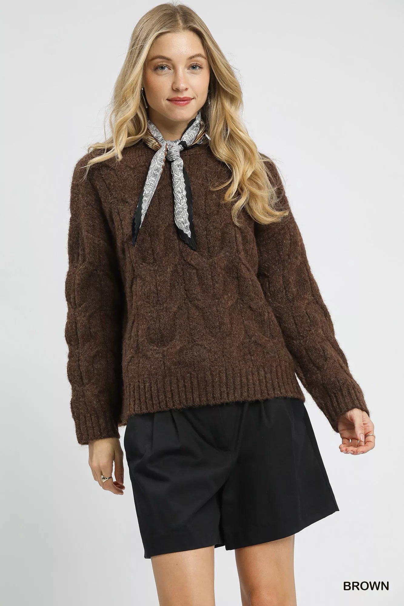 Chestnut Haven Sweater in rich brown cable-knit design with long sleeves