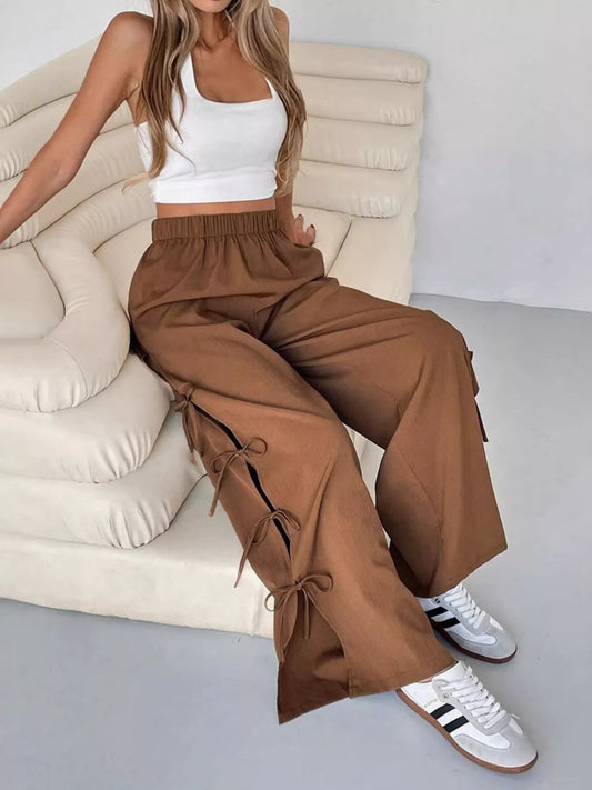 Brown wide leg pants with side tie bow details