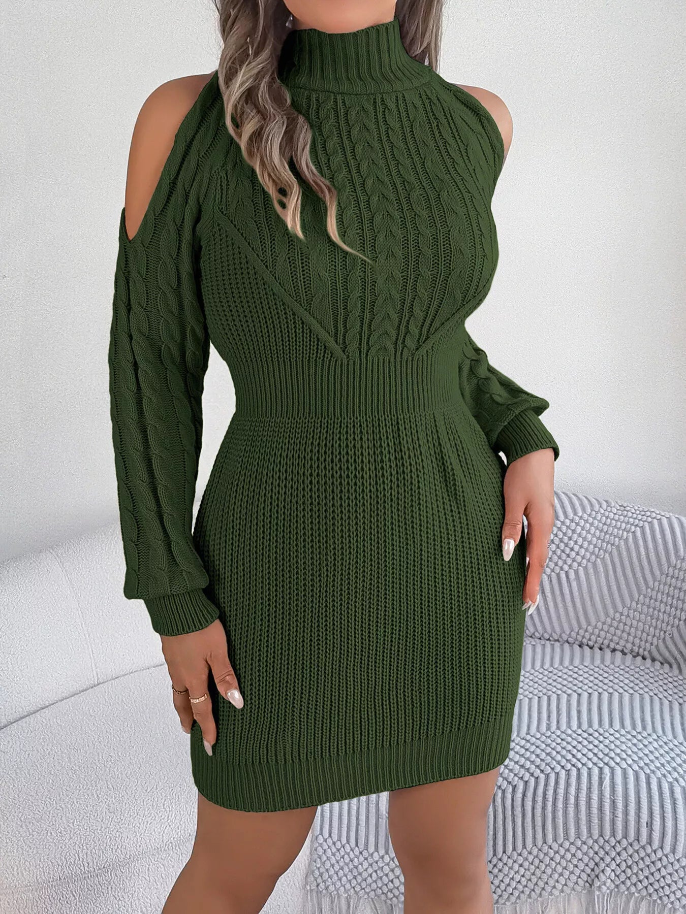 Chic Peek Sweater Dress in green with cable-knit texture and cold-shoulder cutout