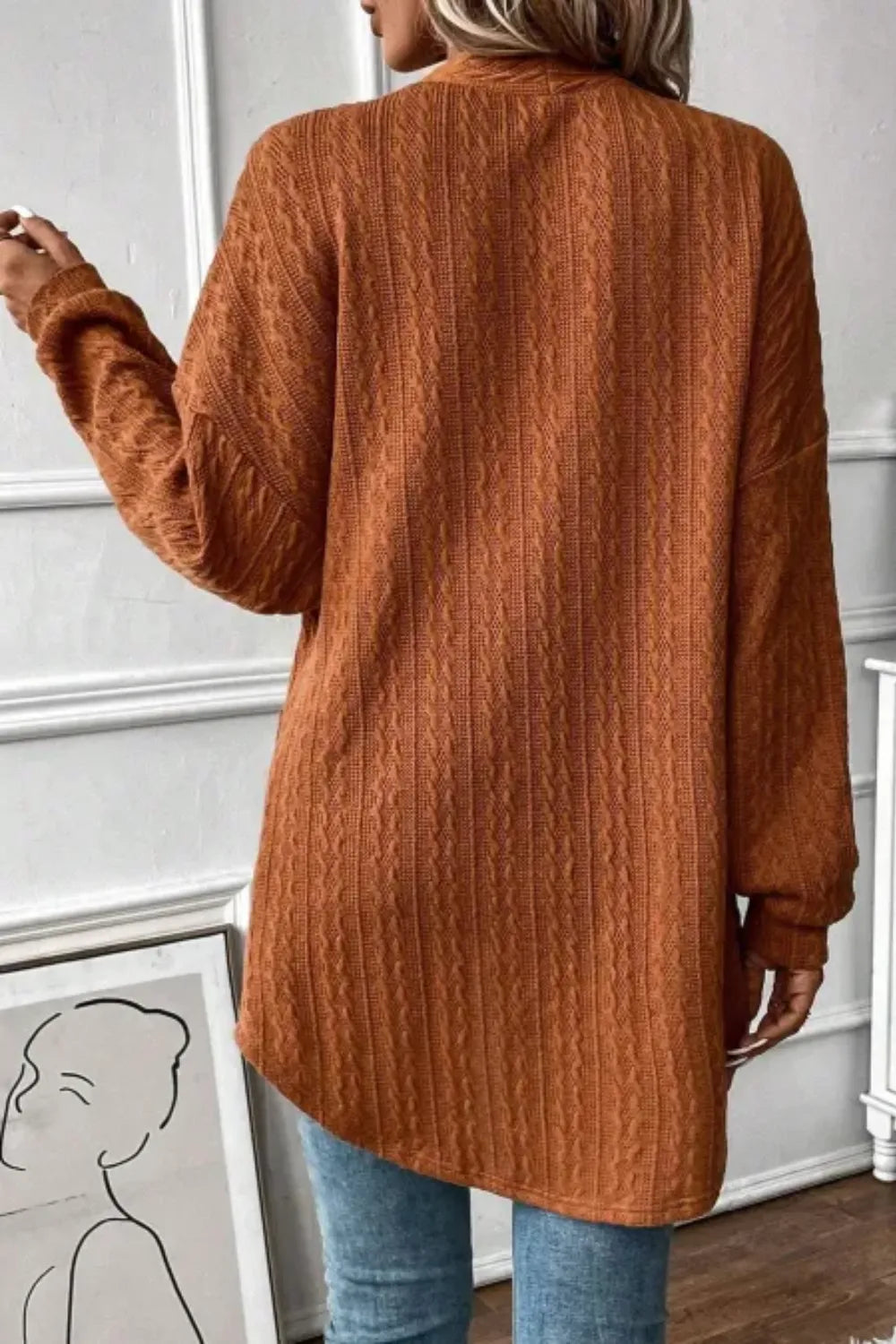 rust textured knit cardigan with open front and front pockets