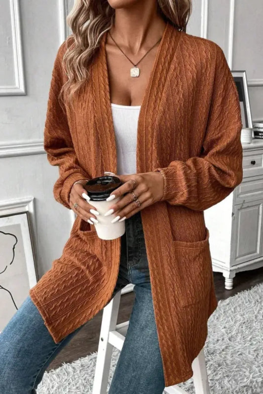 rust textured knit cardigan with open front and front pockets