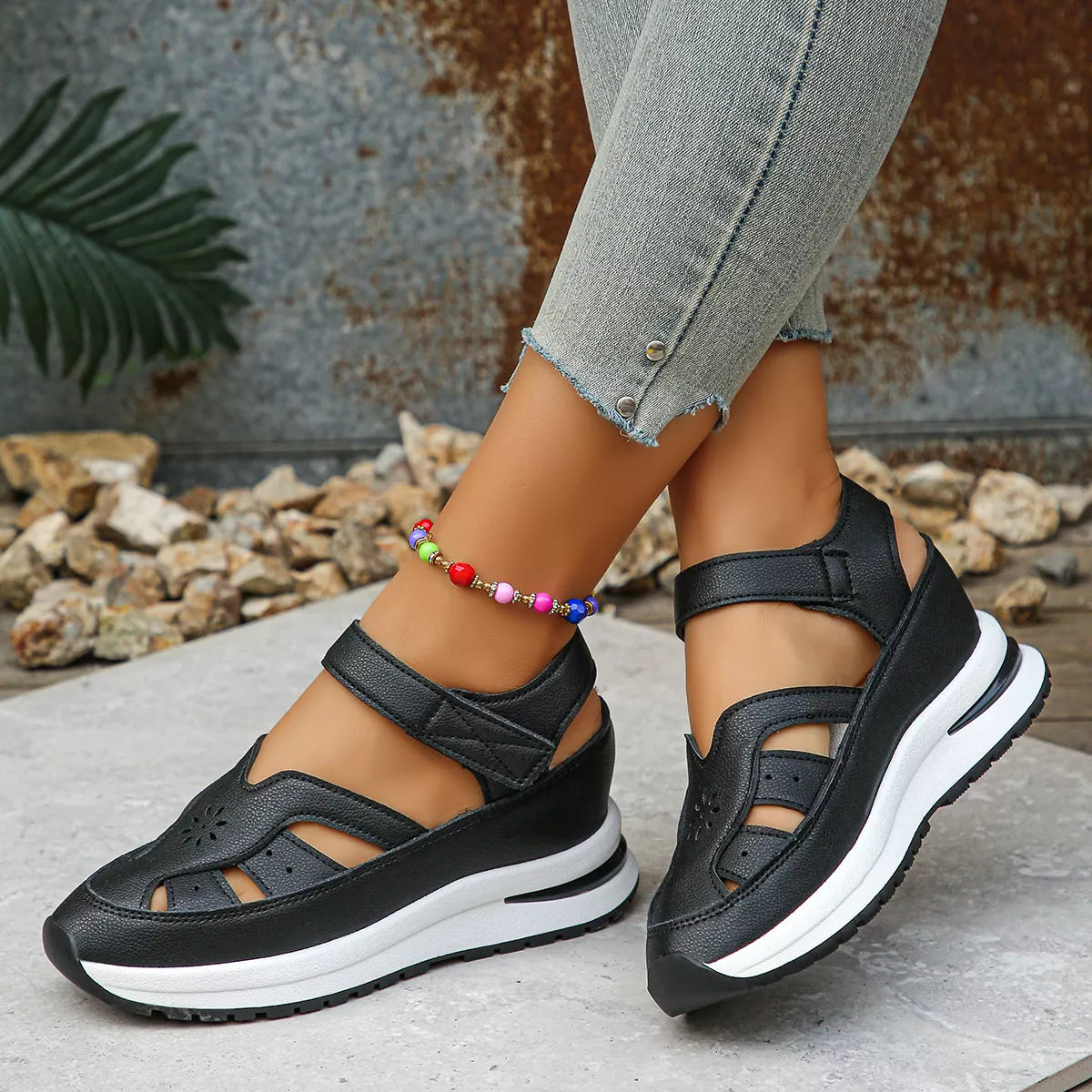 PU leather platform sport sandals with adjustable straps