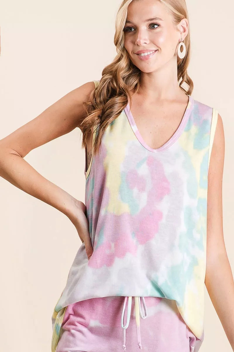 pastel tie-dye sleeveless tank top with relaxed fit and soft cotton French terry fabric
