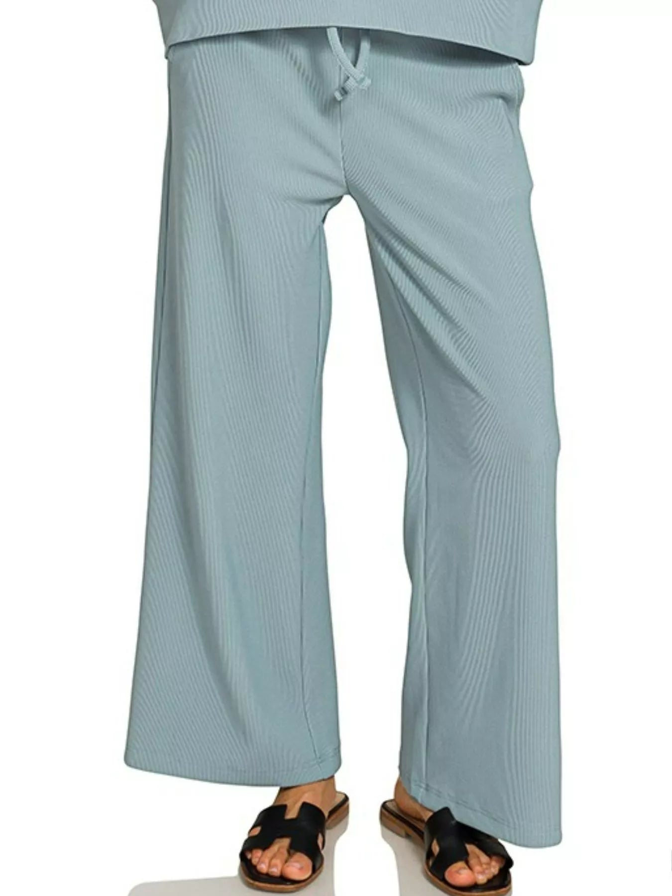 Cloud Nine Ribbed Lounge Set – blue-grey ribbed pullover with matching drawstring pants, cozy two-piece outfit.