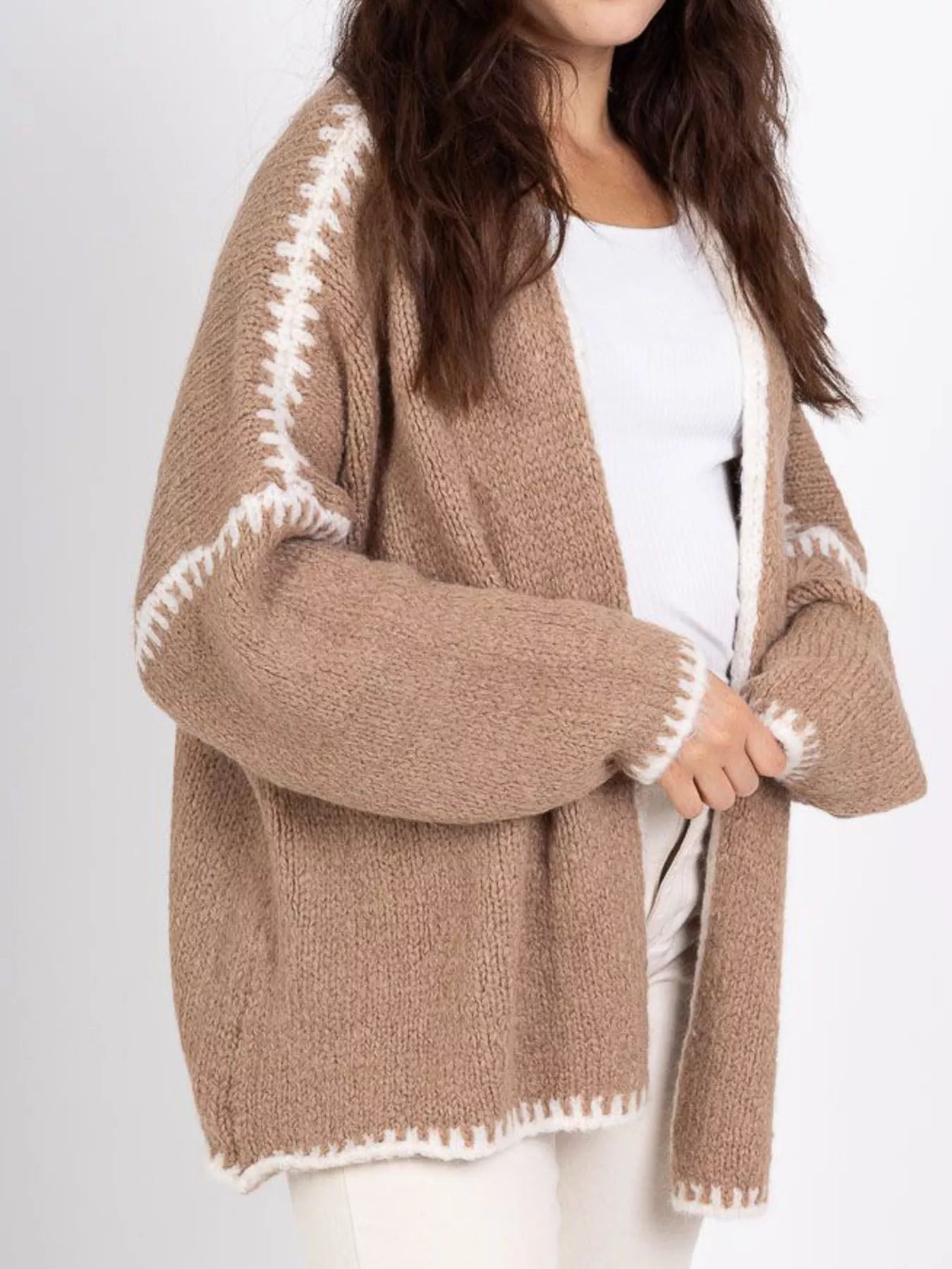 Open-front knit cardigan with contrast trim detail