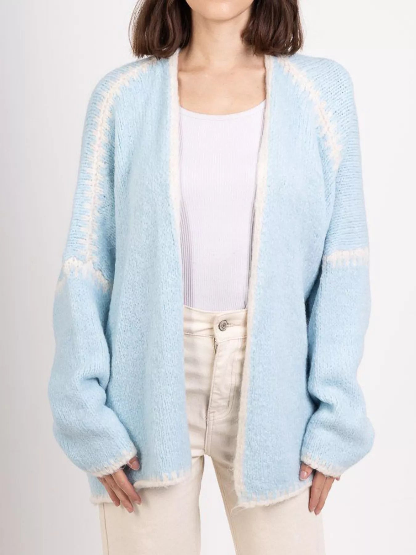 Open-front knit cardigan with contrast trim detail