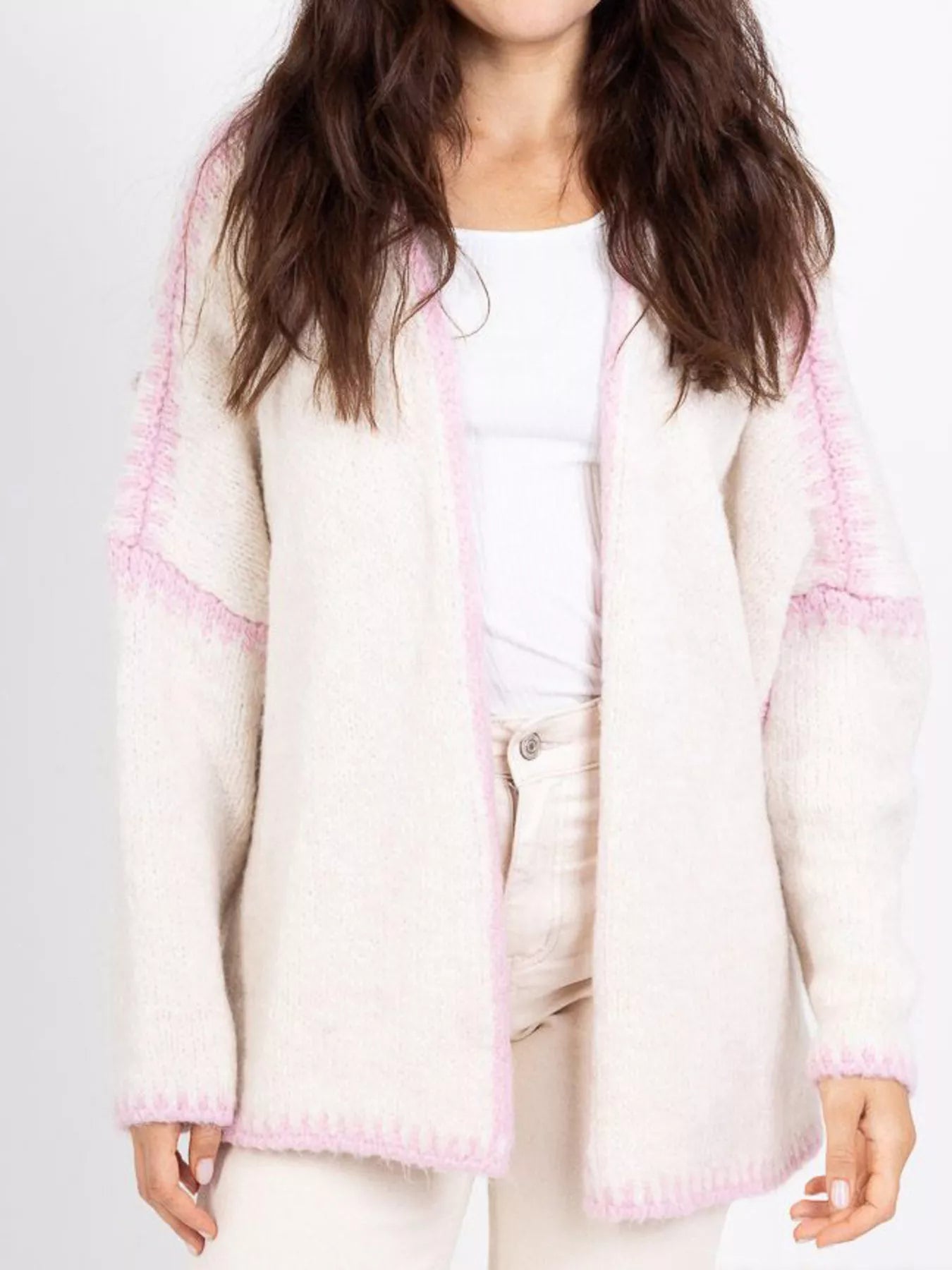 Open-front knit cardigan with contrast trim detail