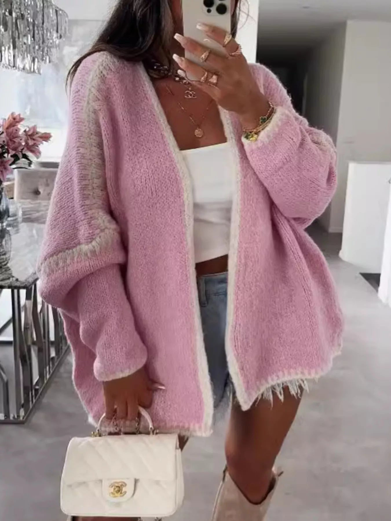 Open-front knit cardigan with contrast trim detail