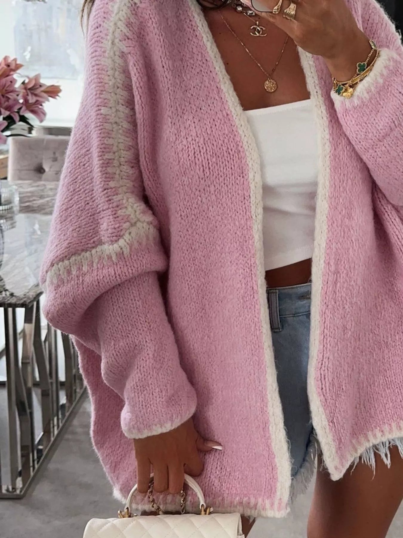 Open-front knit cardigan with contrast trim detail