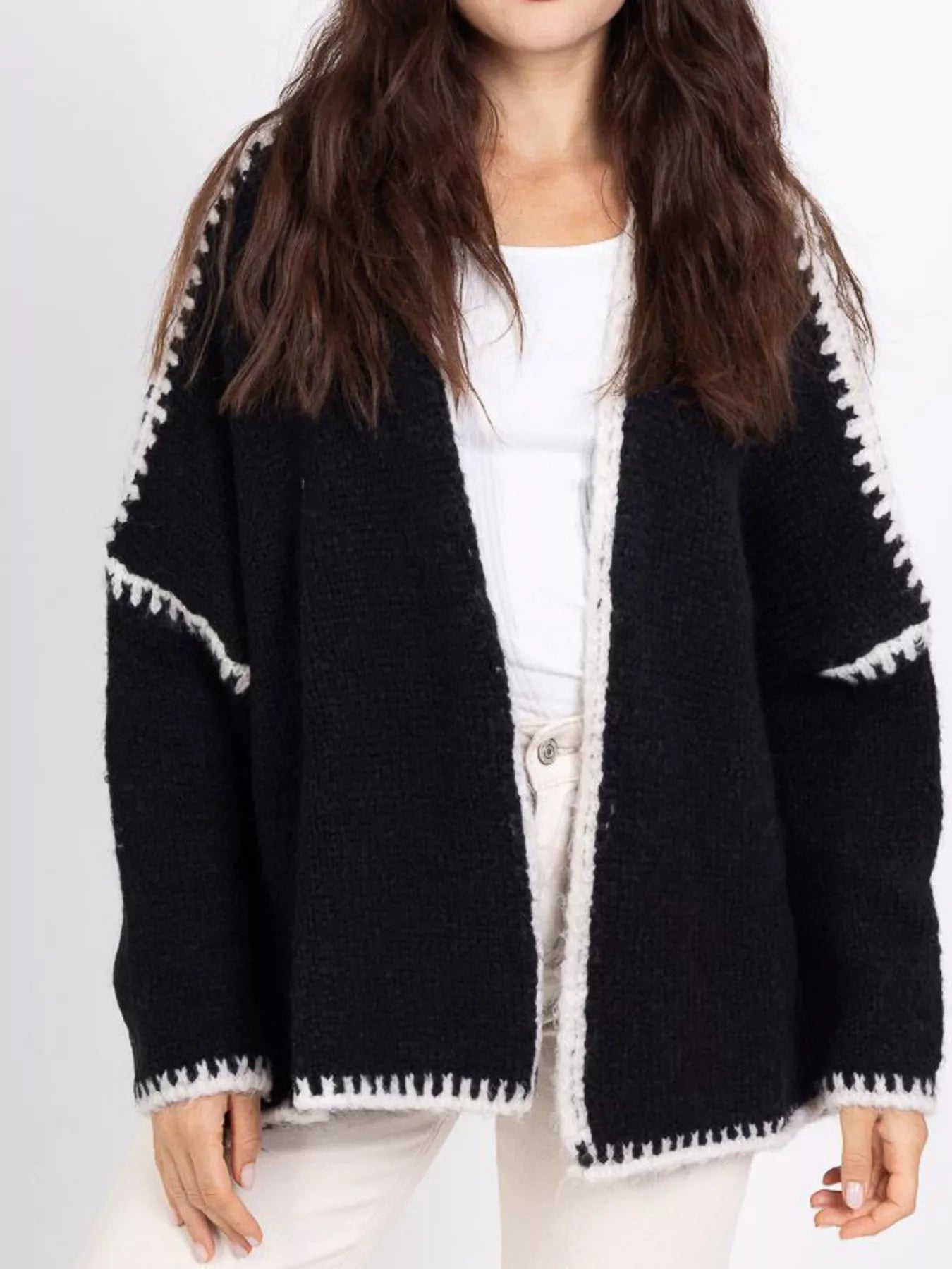 Open-front knit cardigan with contrast trim detail