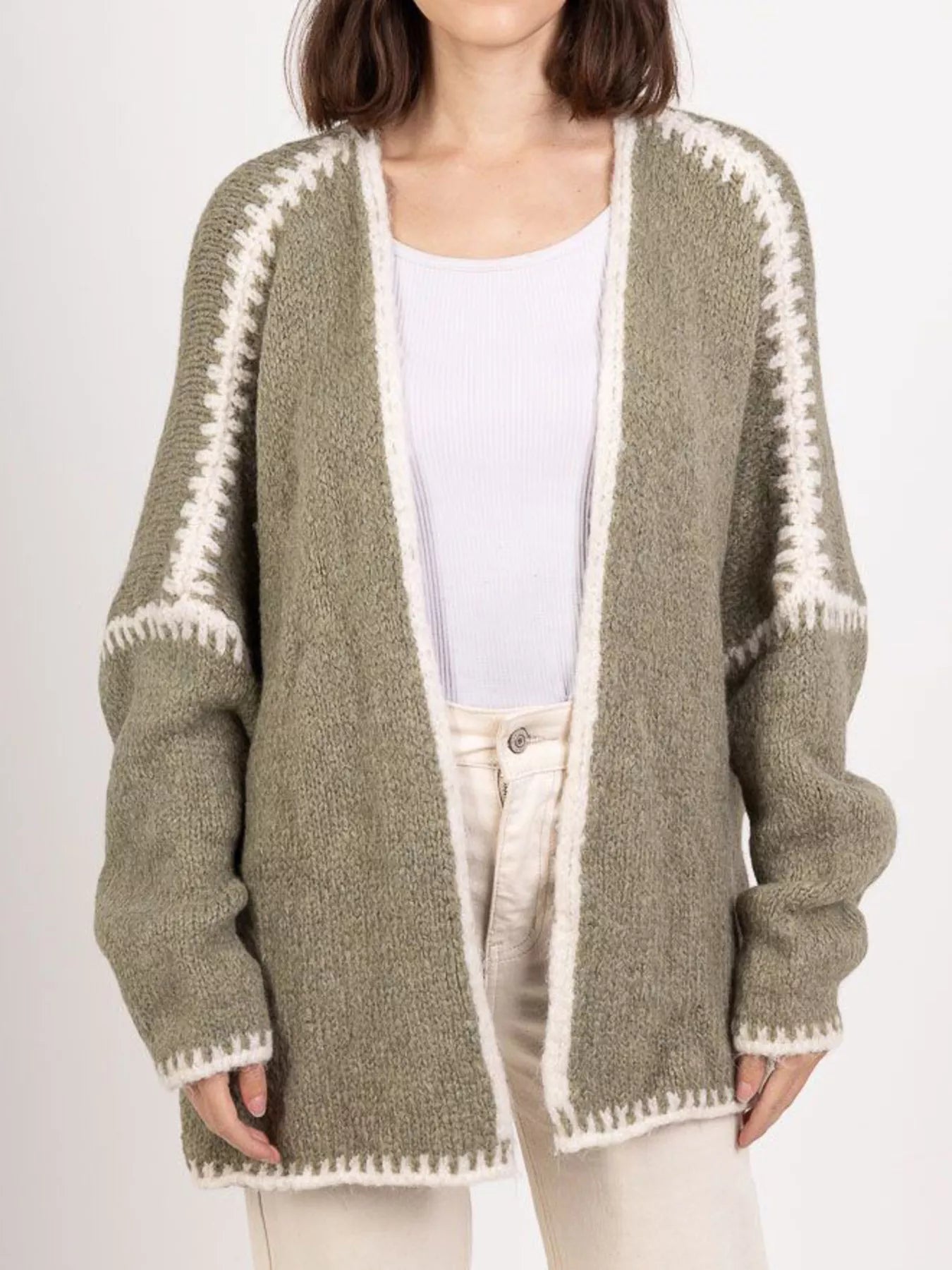 Open-front knit cardigan with contrast trim detail