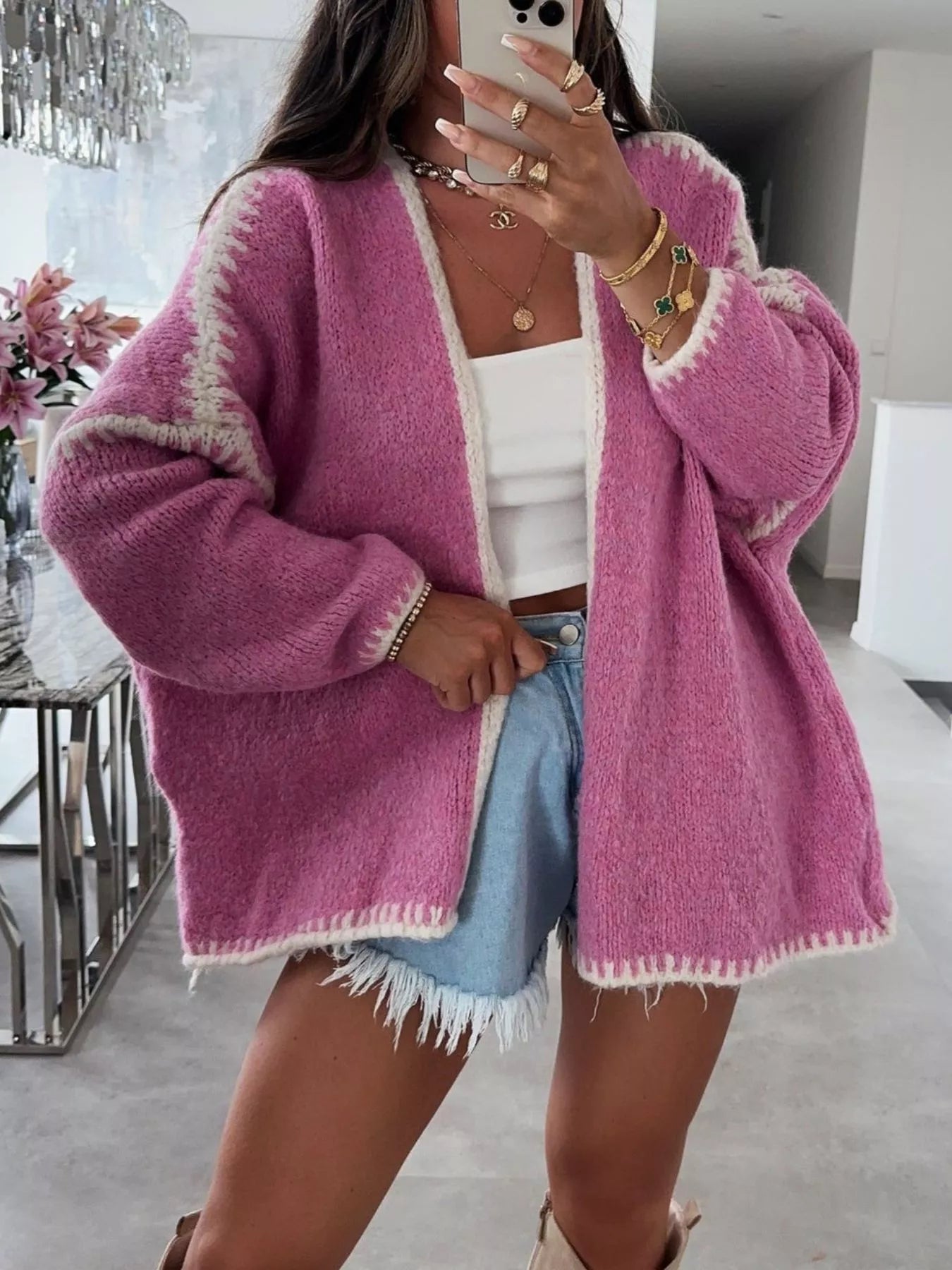 Open-front knit cardigan with contrast trim detail