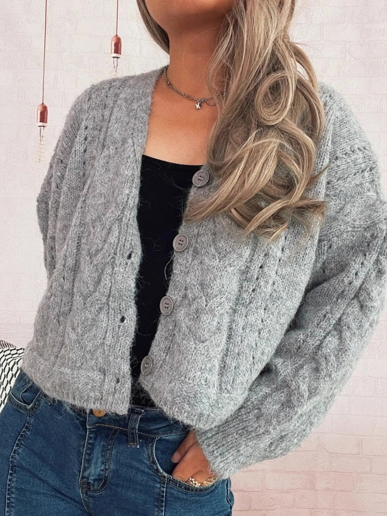 Grey cable knit button-up cardigan – Cloudside style from A Whimsical Affair.