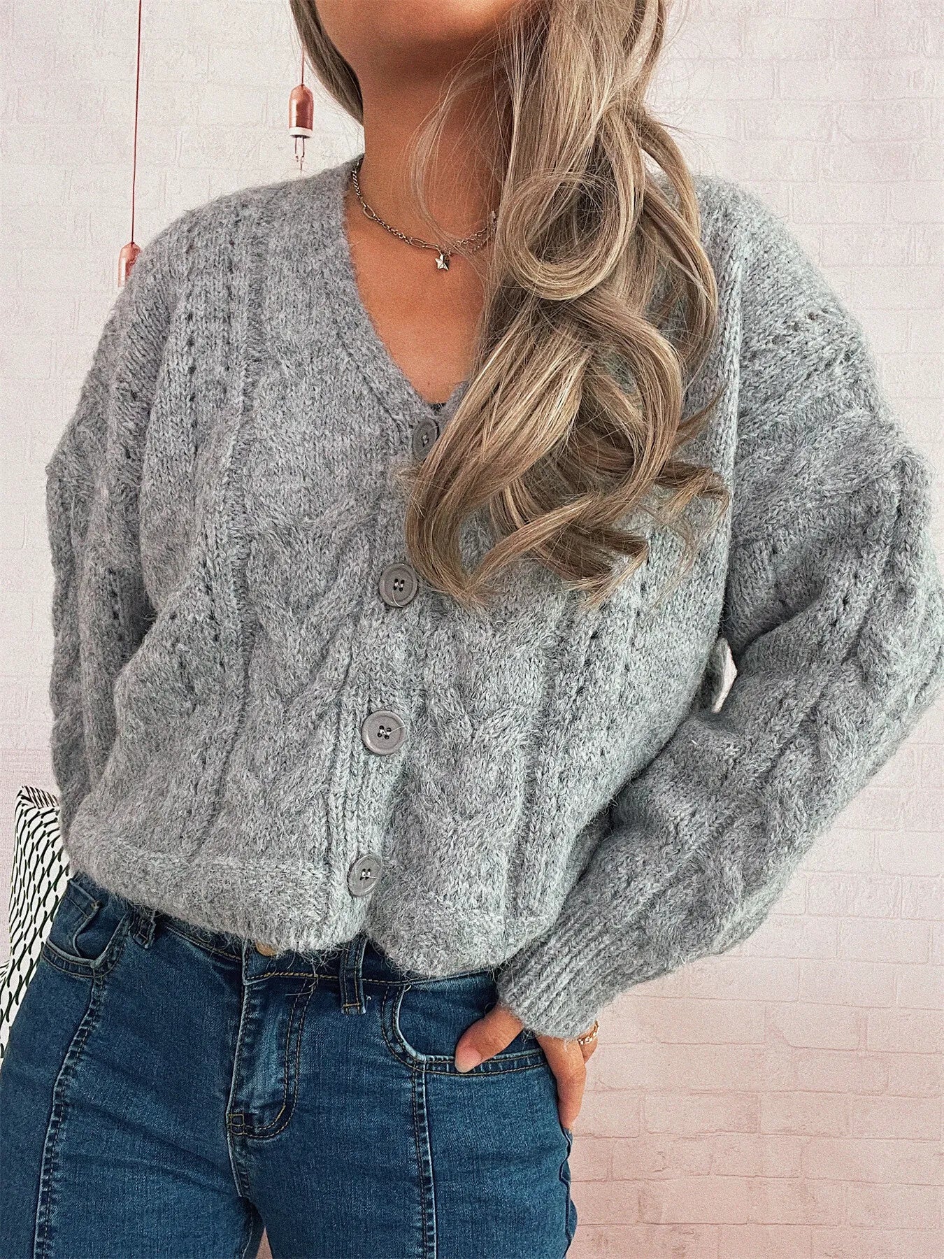 Grey cable knit button-up cardigan – Cloudside style from A Whimsical Affair.